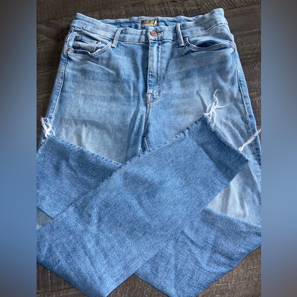 MOTHER High Waisted Blue Ankle Fray Jeans